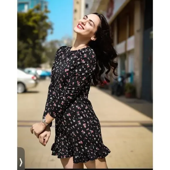 NEW Mango Black Floral Long Sleeve Mini Dress Puff Shoulder Ruffle Hem Size XS - Picture 3 of 12